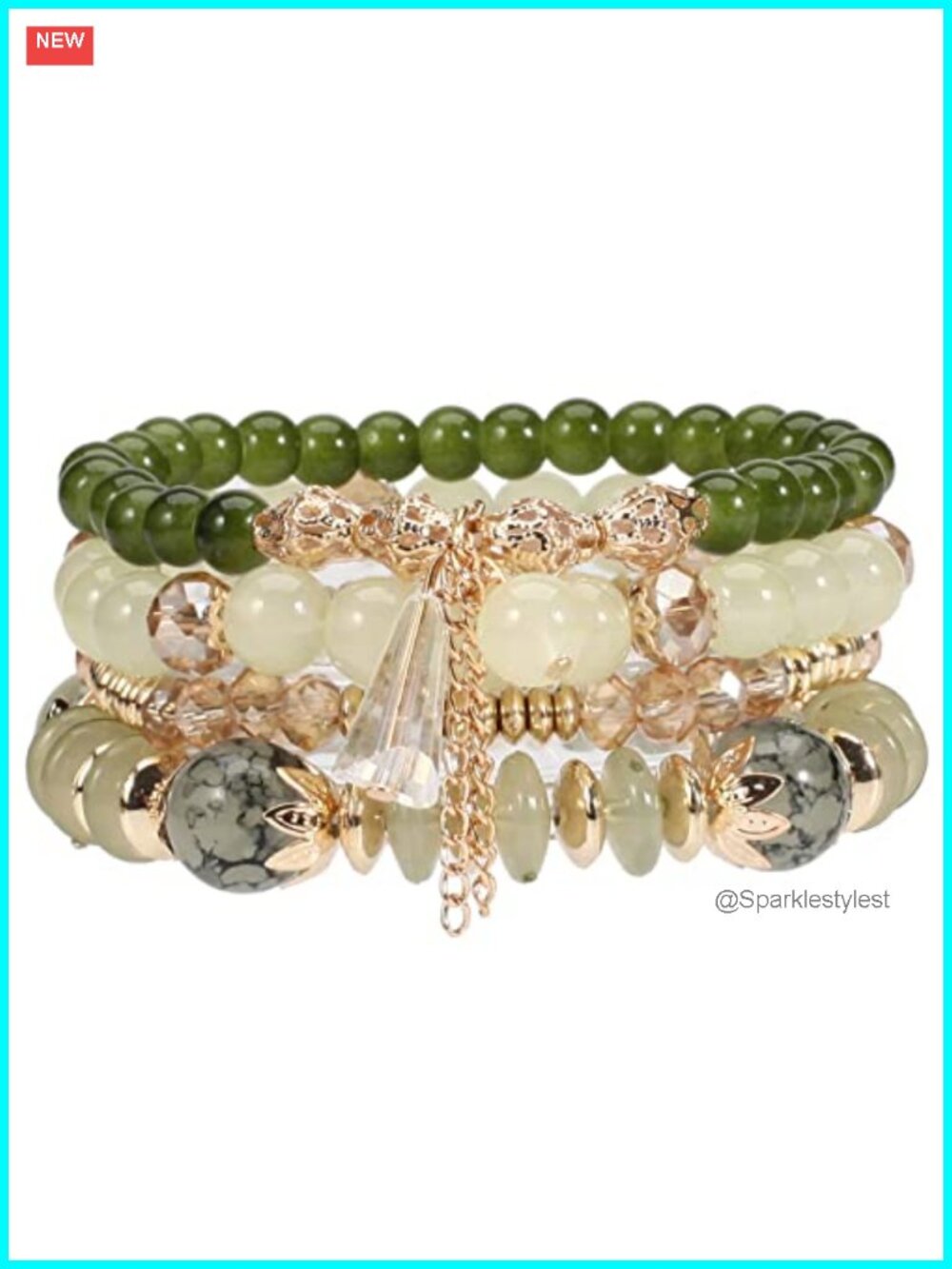 Bohemian Stackable Beaded Bracelet Set Stretch 4-Layer Gold Accents Boho Gift